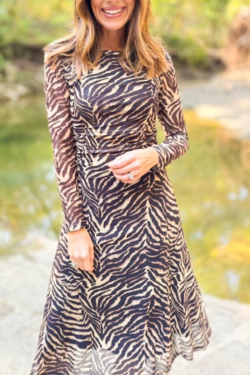 Brynn Mesh Midi Dress In Animal Stripes