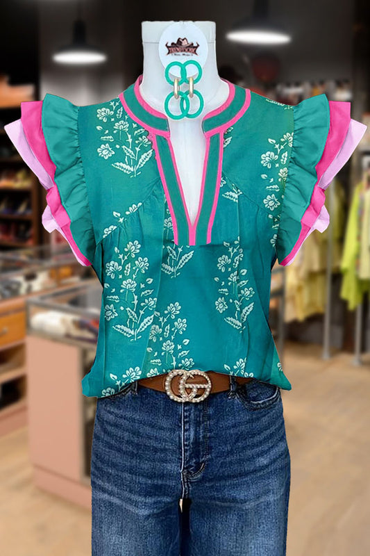 Elegant Floral Print Contrast Layered Sleeve Top