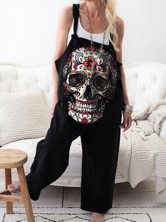 Punk skull print casual loose overalls