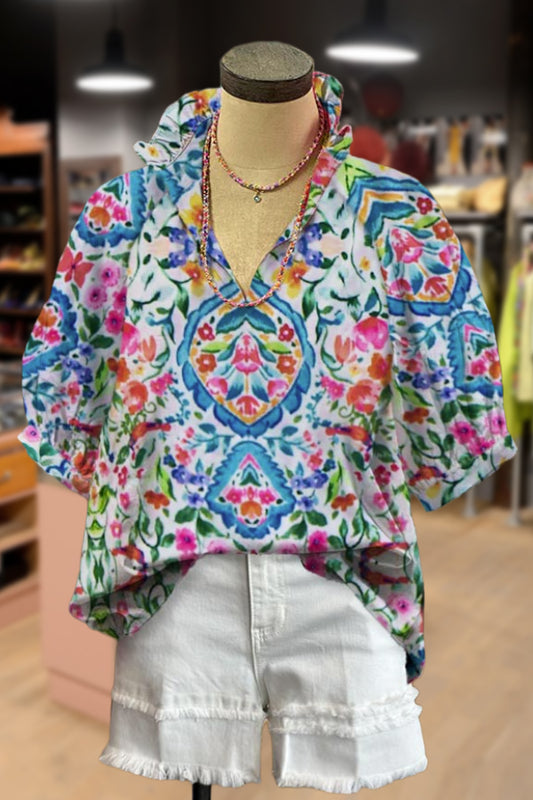 Mixed Print Ruffle V-Neck Bubble Sleeve Top