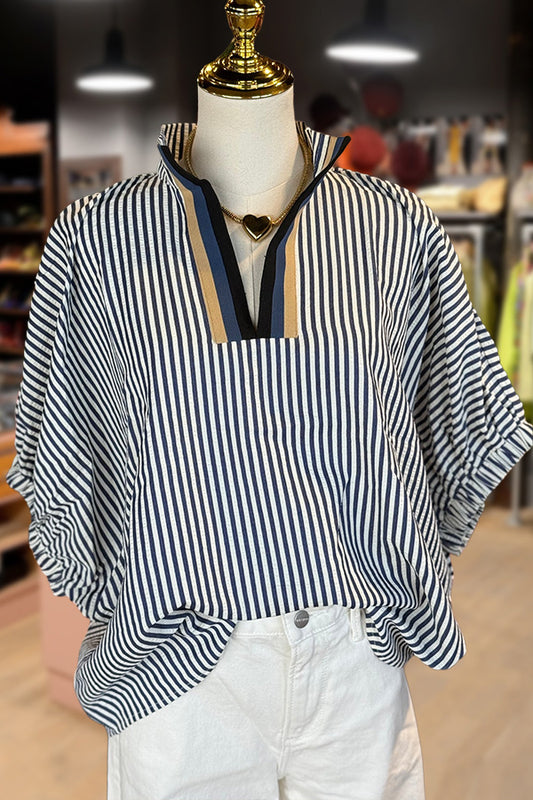Striped Contrast V-Neck Half Sleeve Top