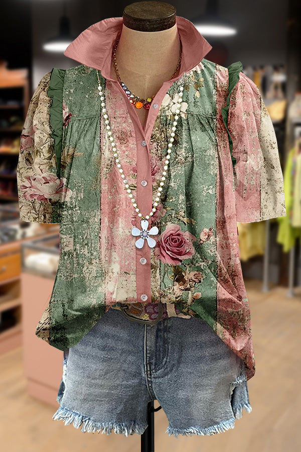Contrast Floral Print Collared Short Sleeve Top