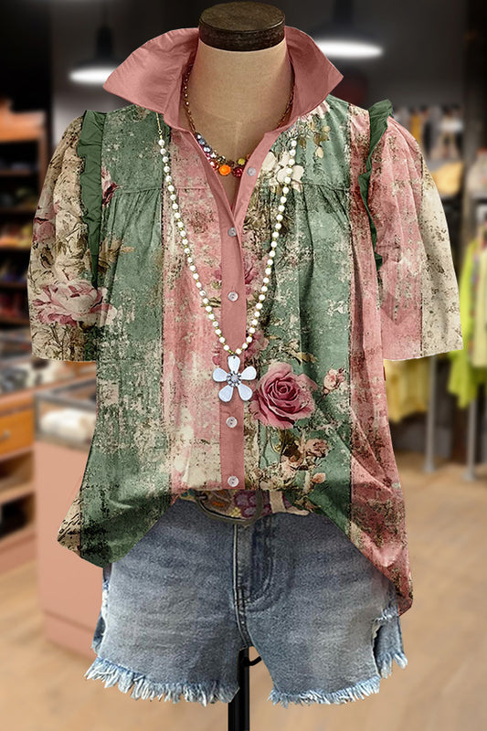 Contrast Floral Print Collared Short Sleeve Top