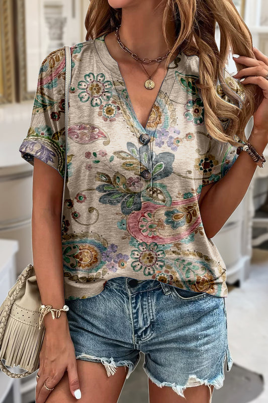 Paisley Print V-Neck Short Sleeve T-Shirt