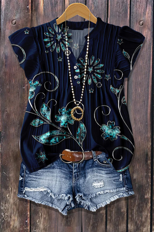 Chic Floral Print Flutter Sleeve Ribbed Top