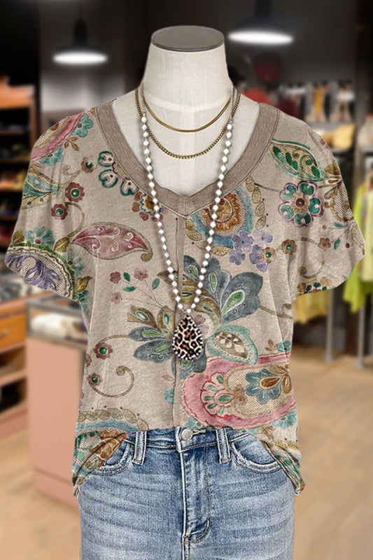 Paisley Floral Print V-Neck Bubble Sleeve Top