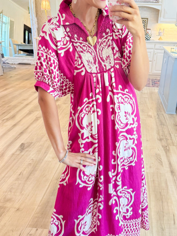 Mixed Print Puff Sleeve Midi Dress