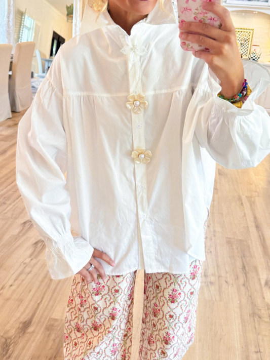 White Pearl Flower Button Down Top