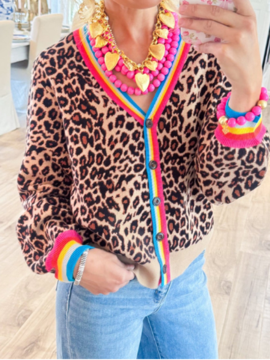 Leopard Contrast Stripe Cardigan