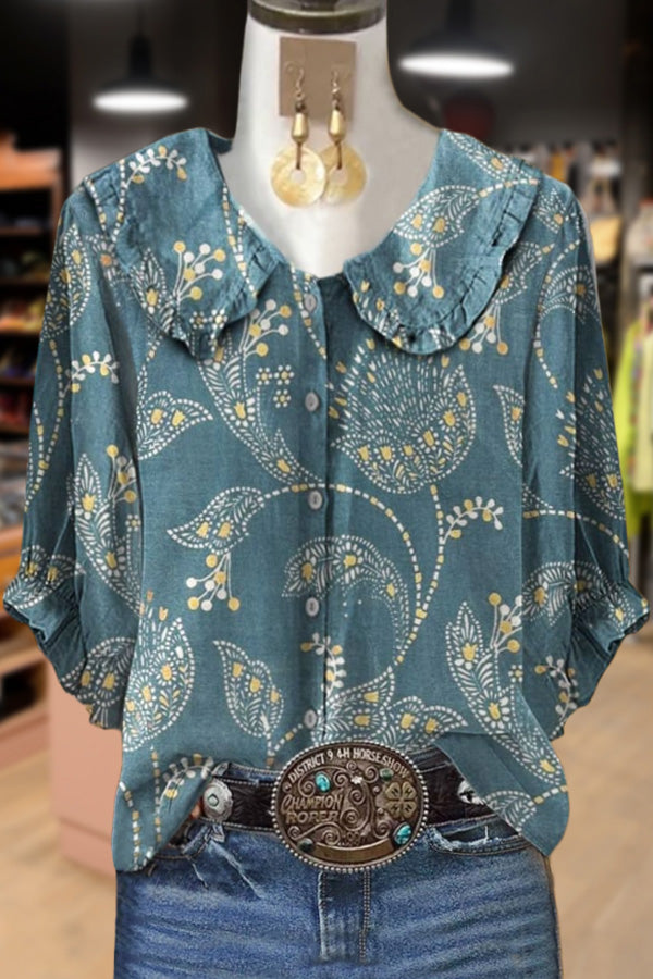 Retro Floral Print Peter Pan Collar Top