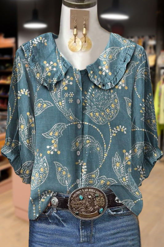 Retro Floral Print Peter Pan Collar Top