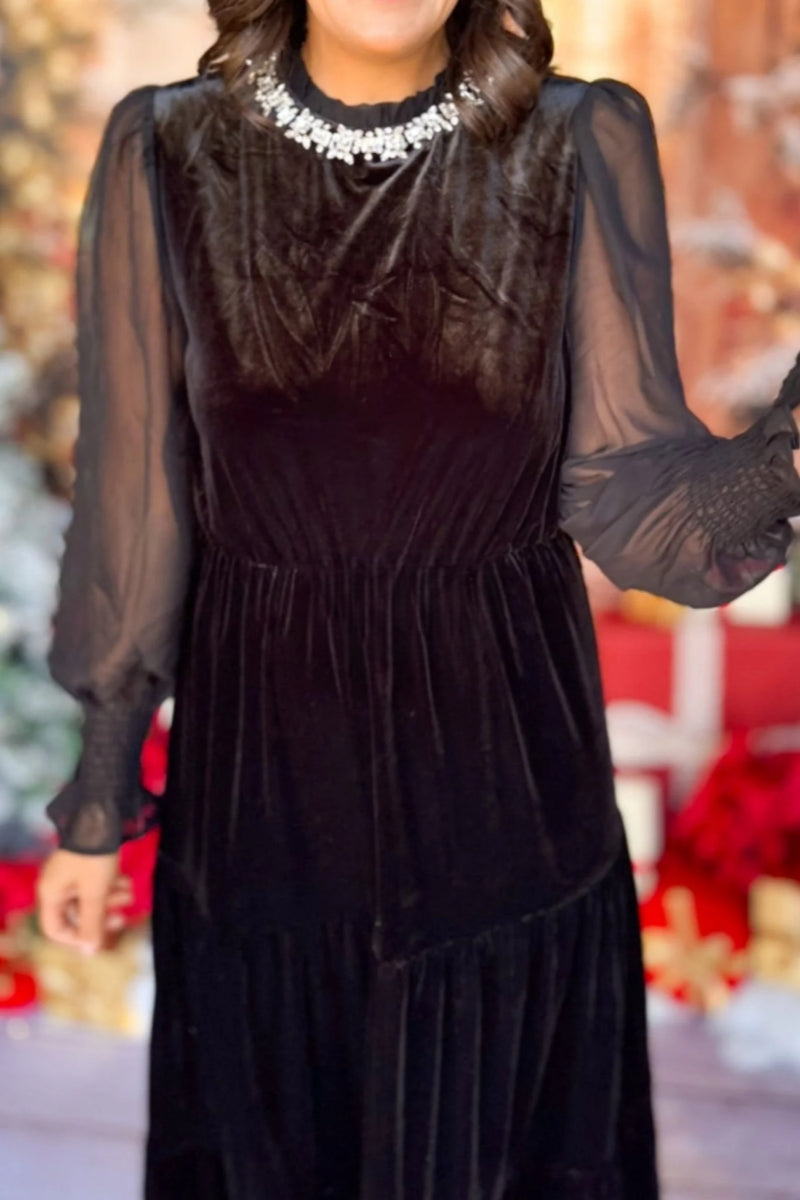 Winter Velvet Sheer Sleeve Maxi Dress