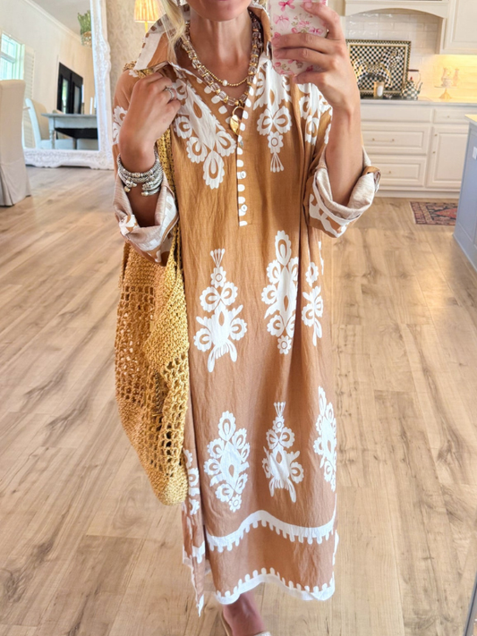 Mocha Abstract Print Midi Dress