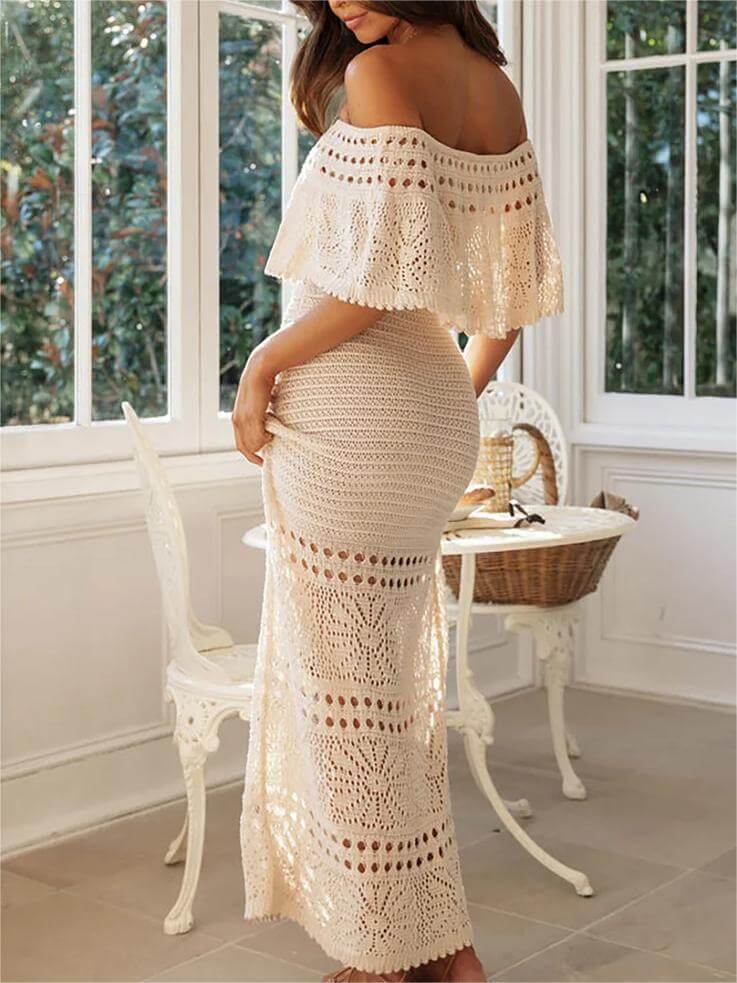 Crochet Off Shoulder Hollow Out Vacation Slim Maxi Dresses