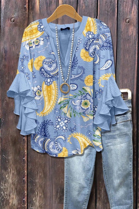 Retro Paisley Print Ruffle Sleeve Top