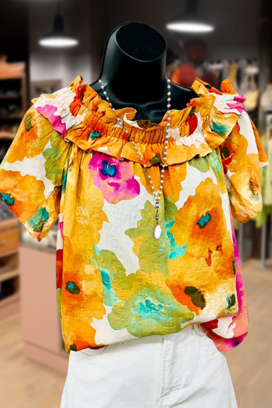 Floral Print Ruffle Collar Short Sleeve Top