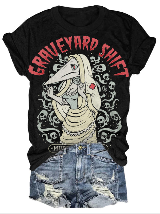 Print rounk neck gothic punk casual T-shirt