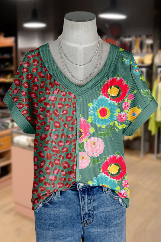 Contrast Leopard Floral Print T-Shirt