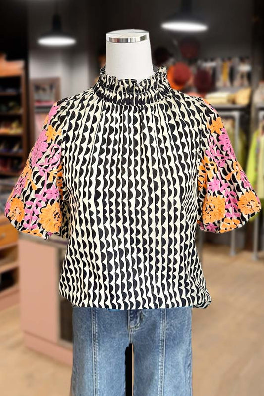 Geo Print Embroidered Puff Sleeve Top