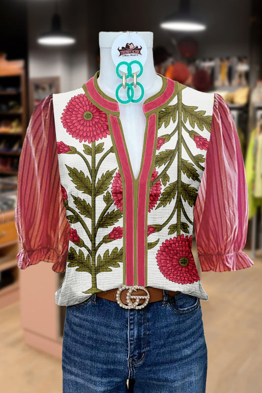 Chic Floral Print Striped Puff Sleeve Top
