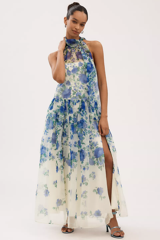 Turtleneck Scarf Floral Organza Maxi Dress