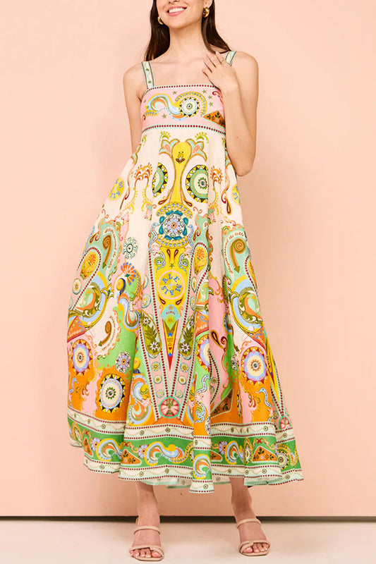 Graffiti Print Sleeveless Bow Large Swing Cotton Linen Dress