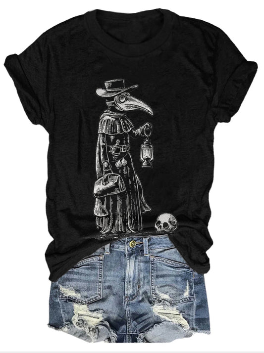 Punk print rounk neck casual T-shirt