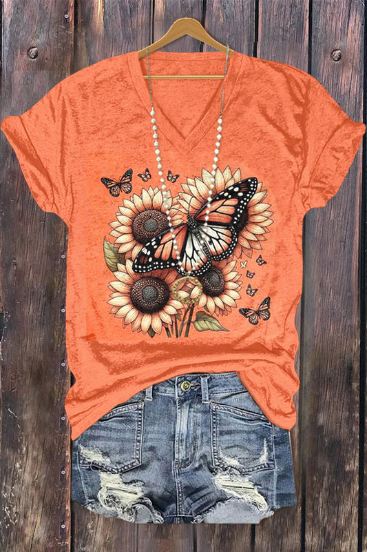 Sunflower Print V-Neck T-Shirt