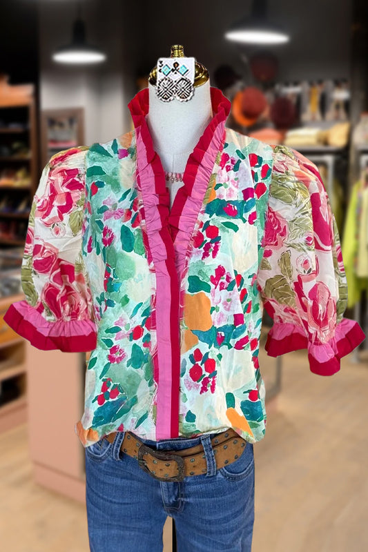 Elegant Contrast Floral Print Ruffle Neck Top