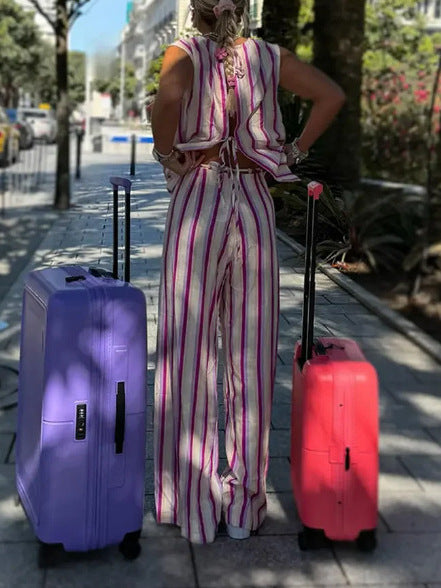 Sleeveless Tie Top and Trousers Striped Set