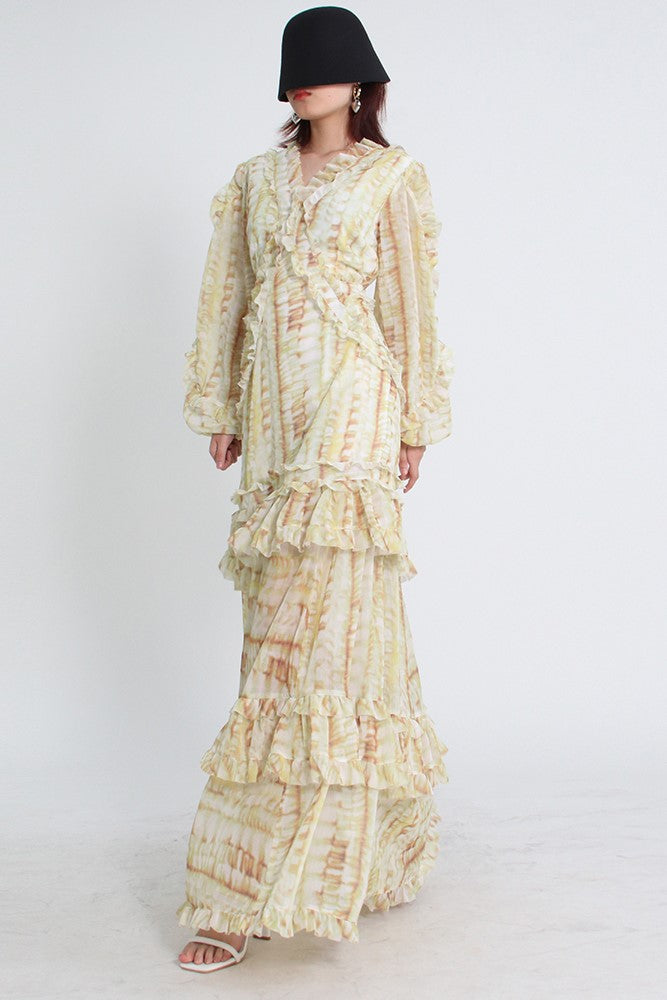 V-Neck Lace Puff Sleeve Tiered Ruffle Hem Maxi Dress Yellow