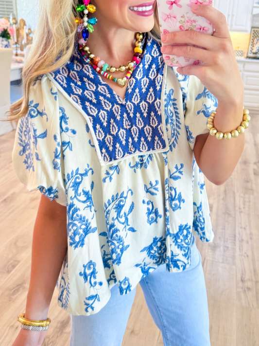 Blue Printed Boho Puff Sleeve Top