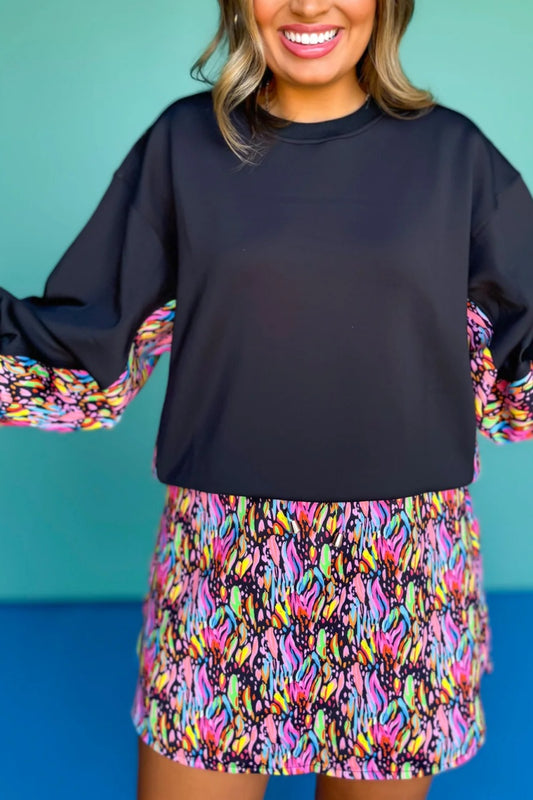 Crew Neck Printed Panel Scuba Set lnBlack Abstract Animal