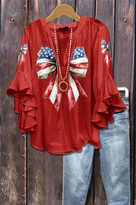 American Flag Bow Print Ruffle Sleeve Top
