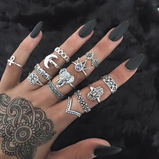 Carved Elephant Crescent Stone set with 13-piece ring