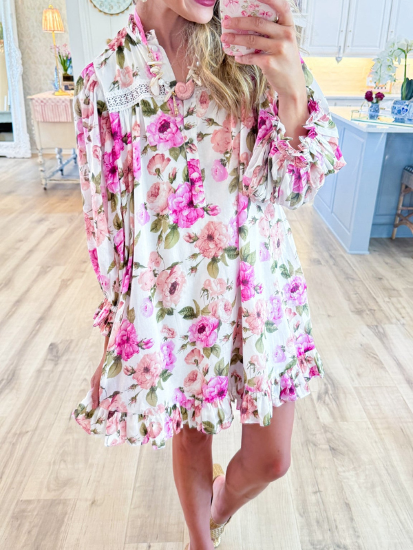 Ivory and Pink Floral 3/4 Sleeve Mini Dress