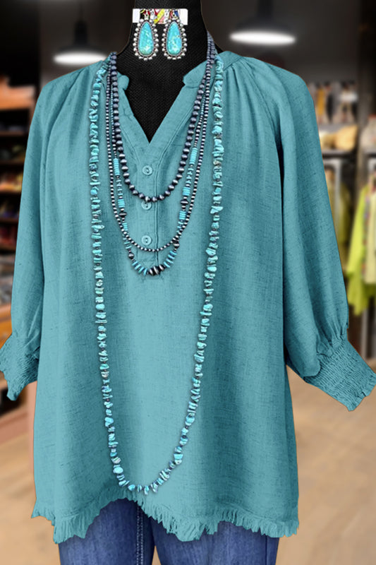 Solid Smocked Sleeve Raw Egde Top