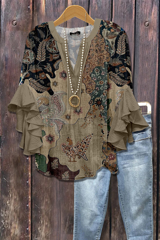 Vintage Print Ruffle Sleeve Top