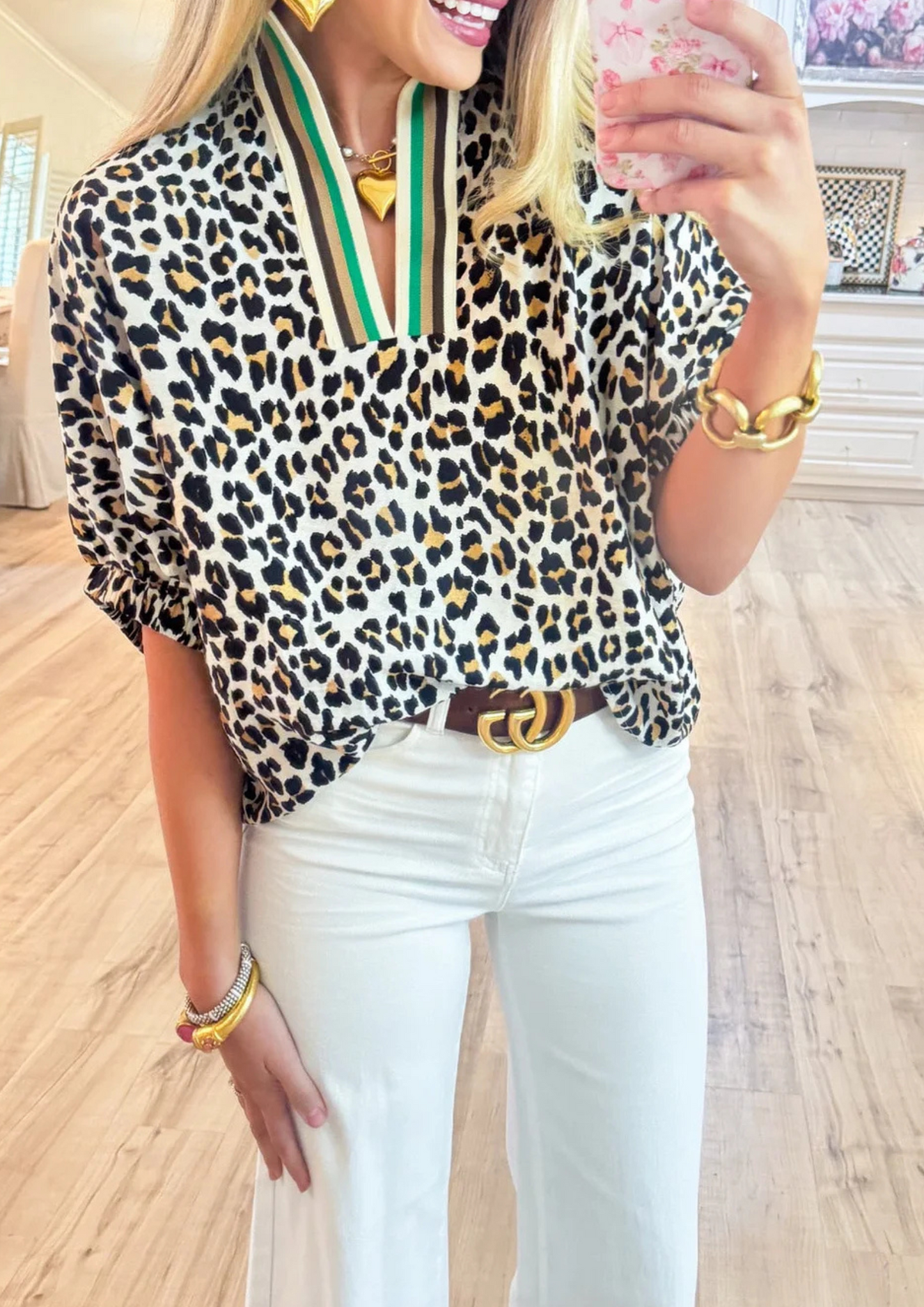 Camel Leopard Collard Blouse