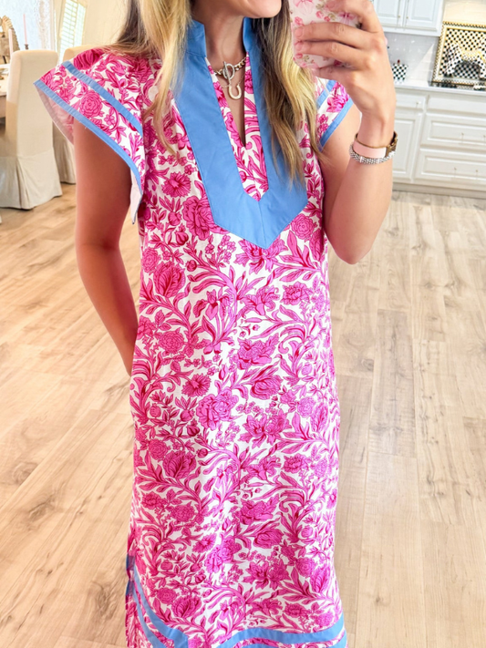 Pink Floral Flutter Sleeve Midi Dress