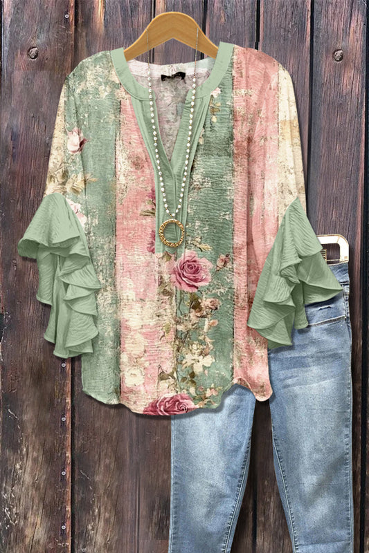 Retro Contrast Floral Print Ruffle Sleeve Top