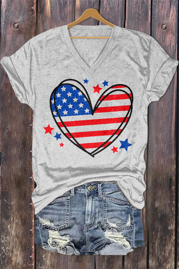 American Flag Heart Print V-Neck T-Shirt