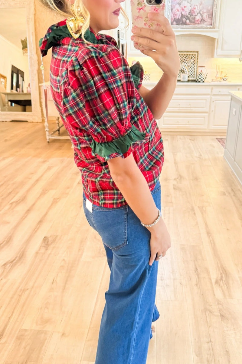 Red Plaid Puff Sleeve Ruffle Trim Blouse