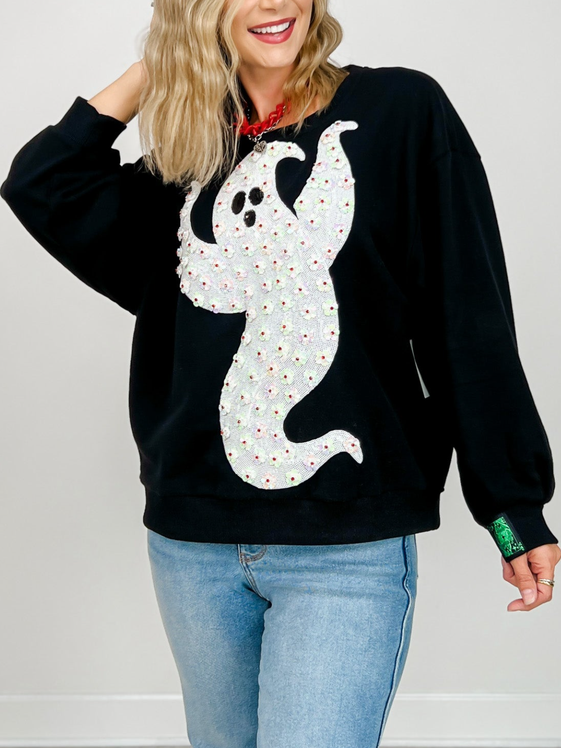 Black and white floral sequined ghost sweatshirt