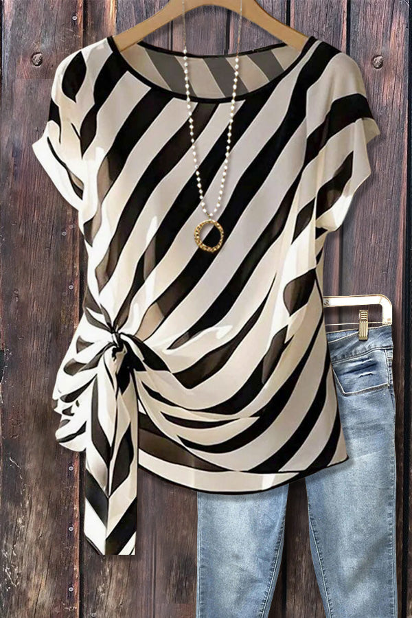 Striped Round Neck Front Tie Top
