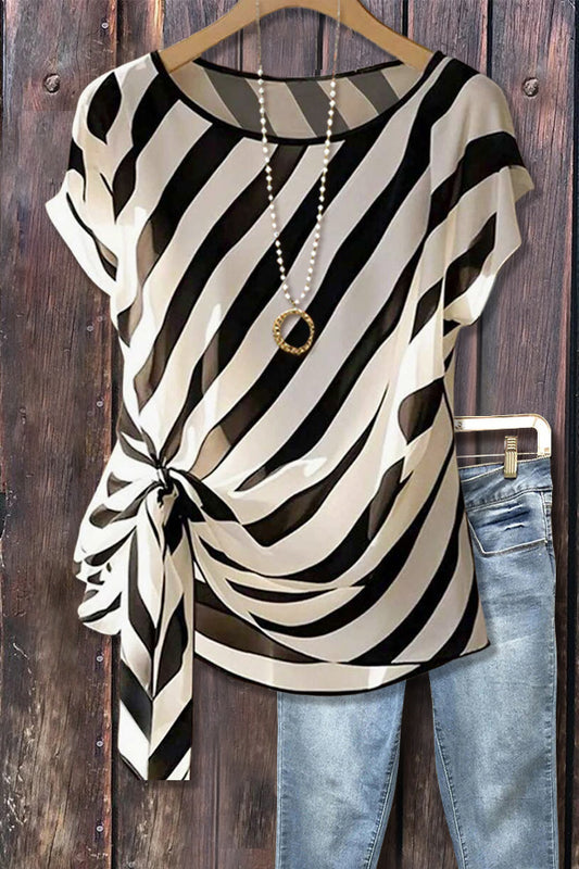 Striped Round Neck Front Tie Top