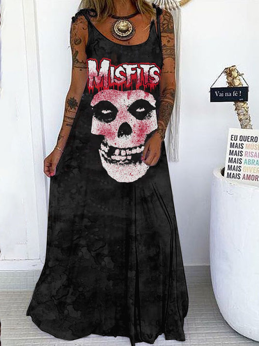 V-NECK PRINTED PUNK LOOSE SLIT DRESS