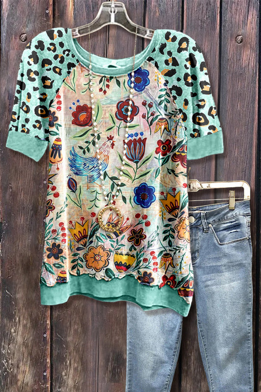Chic Floral Print Leopard Short Sleeve Sweatshirt