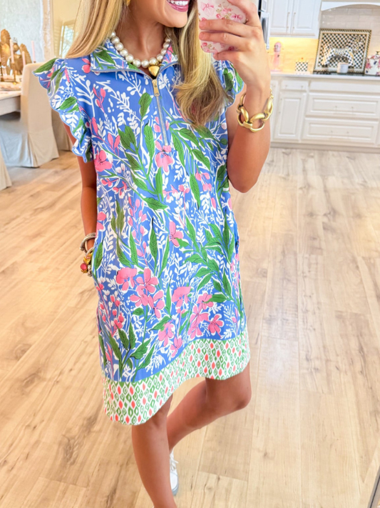 Blue Multi Floral Print Half Zip Dress