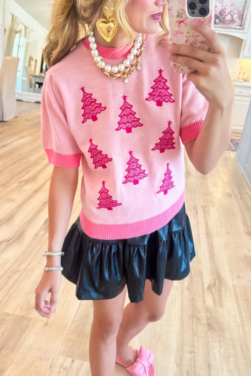 Pink Christmas Tree Short Sleeve Sweater